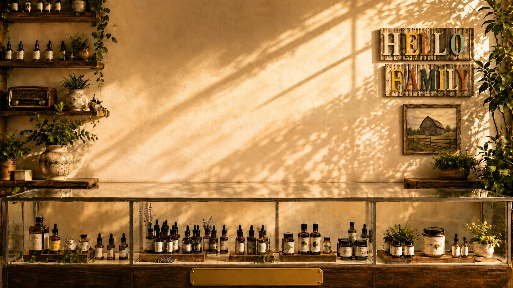 Inside Banner Harvest: a sunlit shop with apothecary shelves, a Hello Family sign on the wall and customer favorites on the glass display counter.