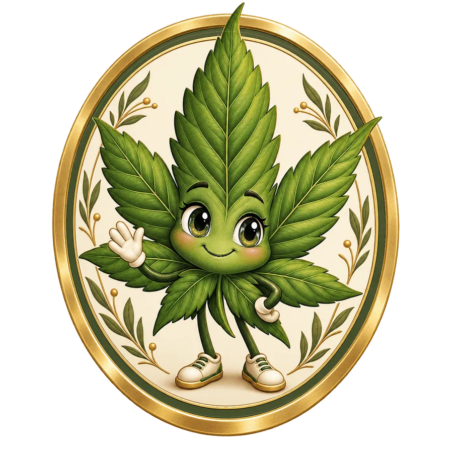 Bud, the Banner Harvest guide — a smiling hemp leaf waving inside a gold medallion