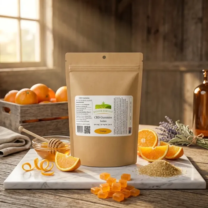 Banner Harvest CBD isolate gummies with fresh orange slices