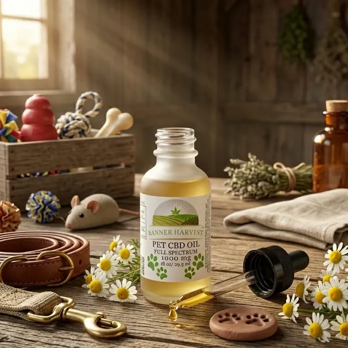 Banner Harvest pet CBD oil beside a happy dog