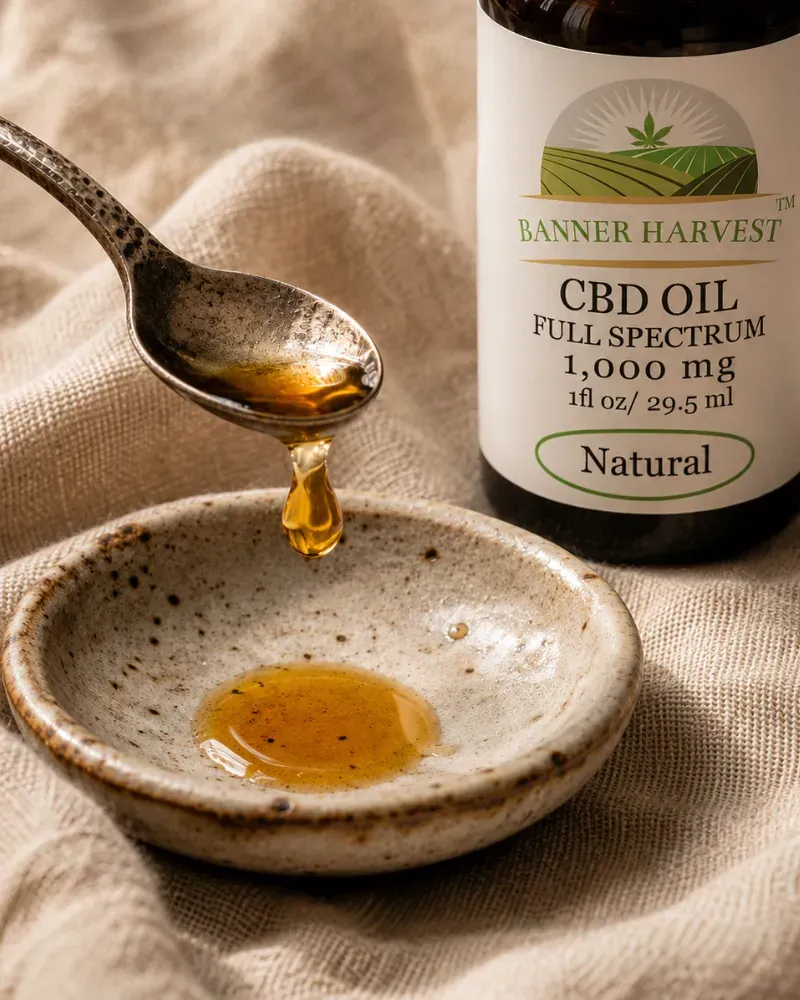 A spoonful of golden CBD oil beside a Banner Harvest bottle