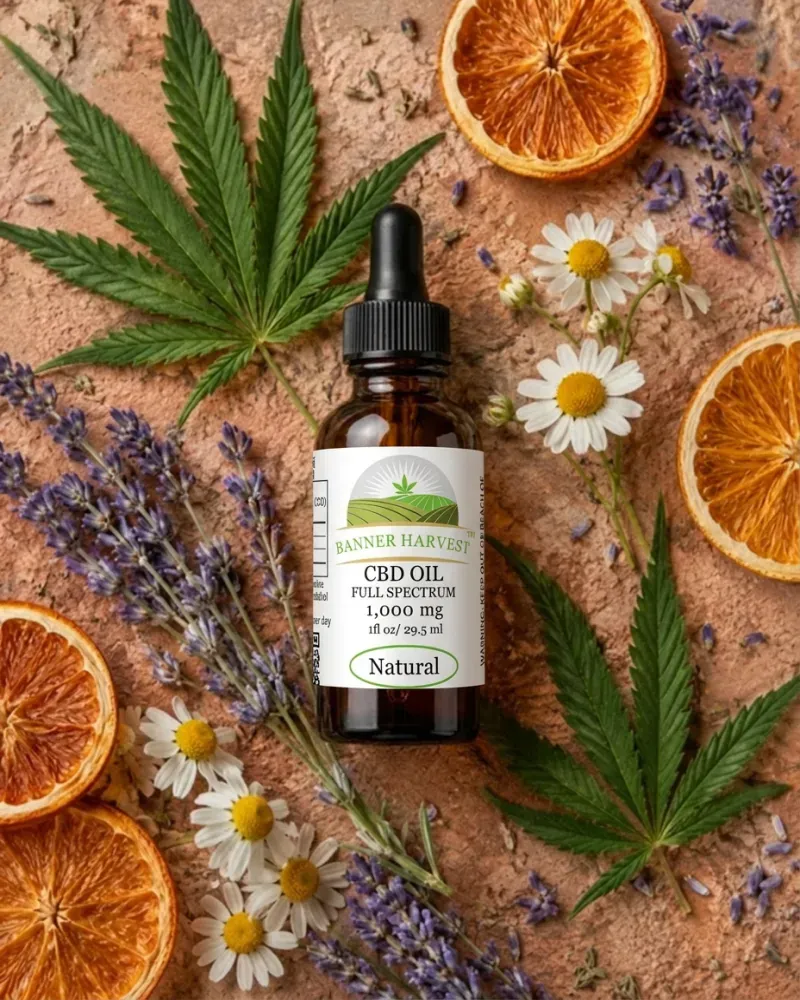 Banner Harvest CBD oil with hemp leaves, orange and botanicals
