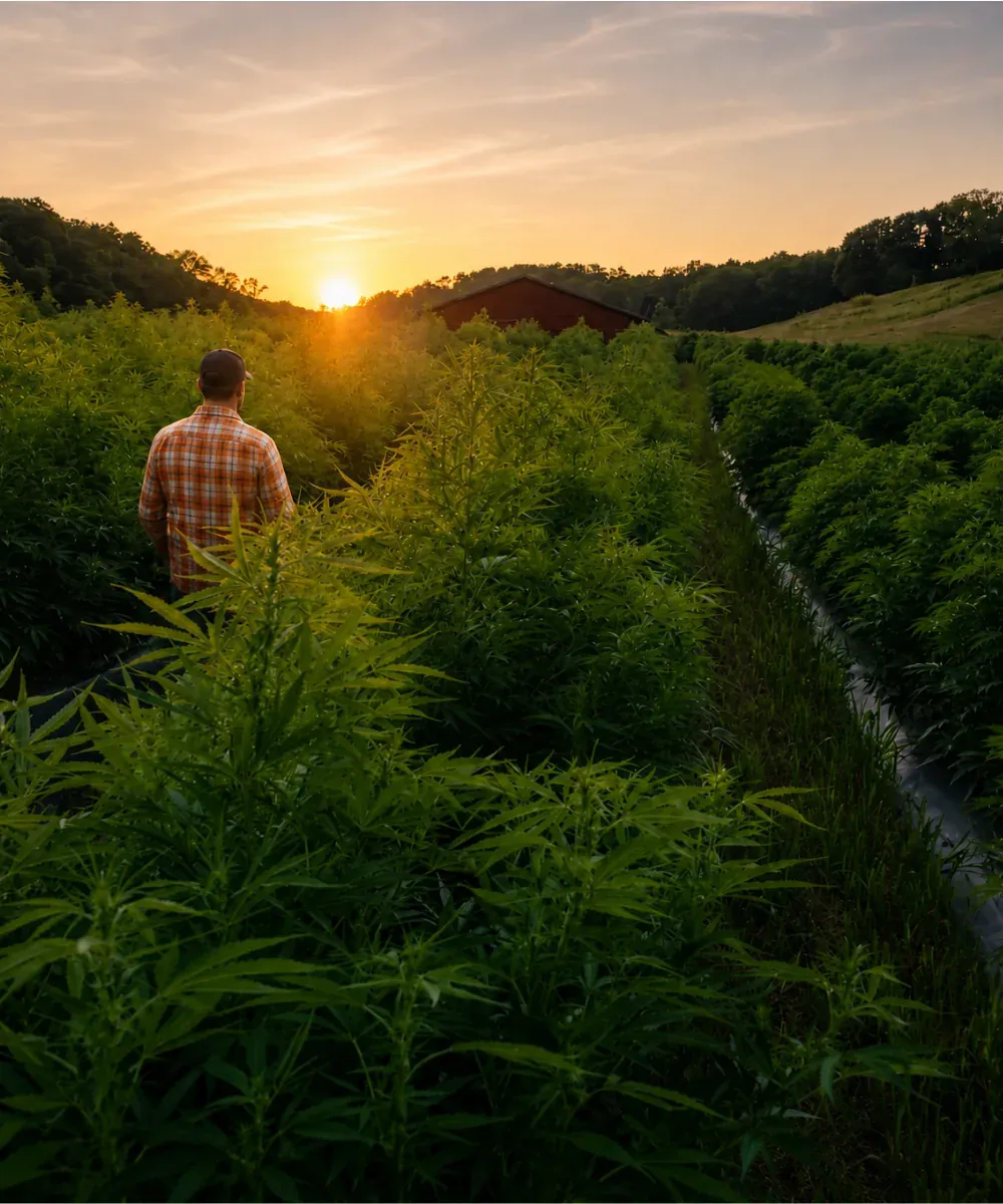 Paul walking a hemp field at sunset