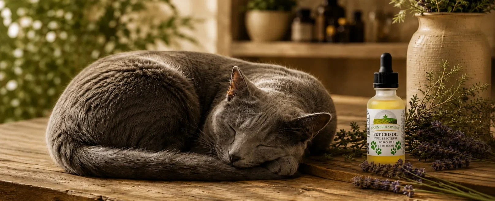A gray cat asleep on a wooden table beside a bottle of Banner Harvest full spectrum pet CBD oil