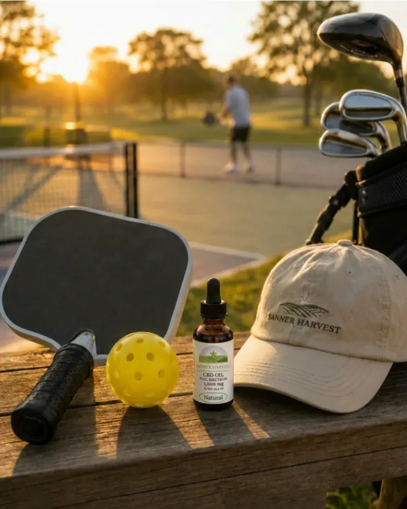 A pickleball paddle, golf clubs, a Banner Harvest cap and a bottle of Banner Harvest CBD oil on a bench beside a Florida golf course at sunset