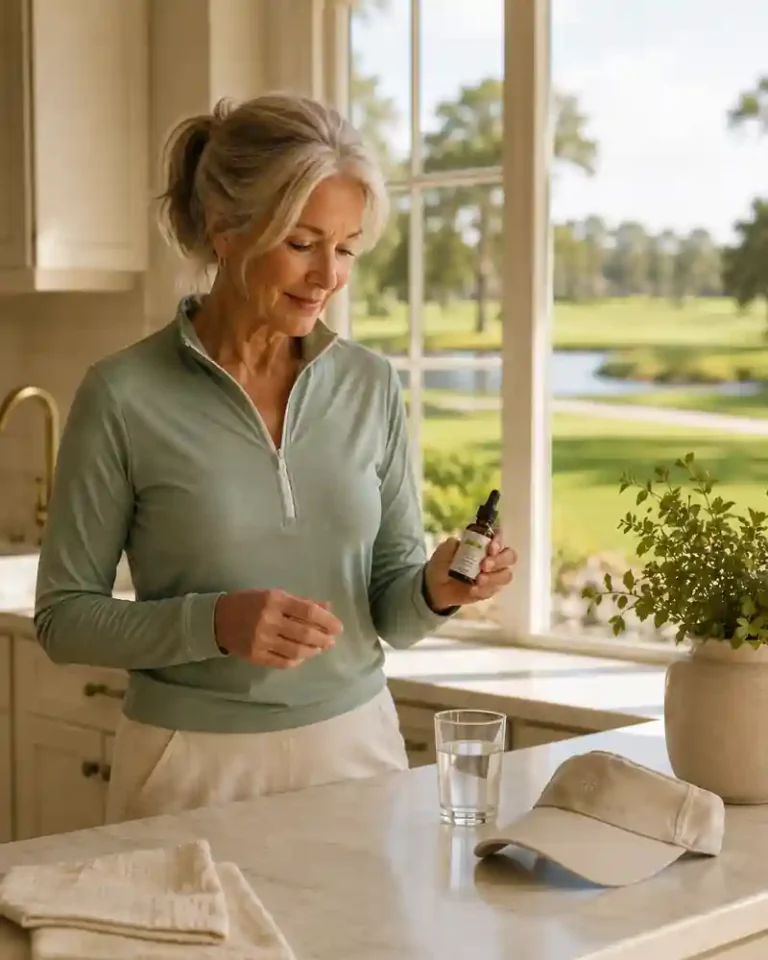 Senior woman golfer kitchen daily wellness Banner Harvest