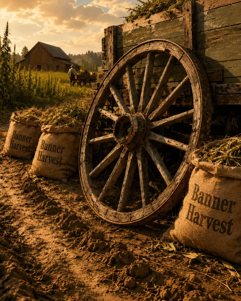 A wooden wagon wheel beside Banner Harvest burlap sacks in a field